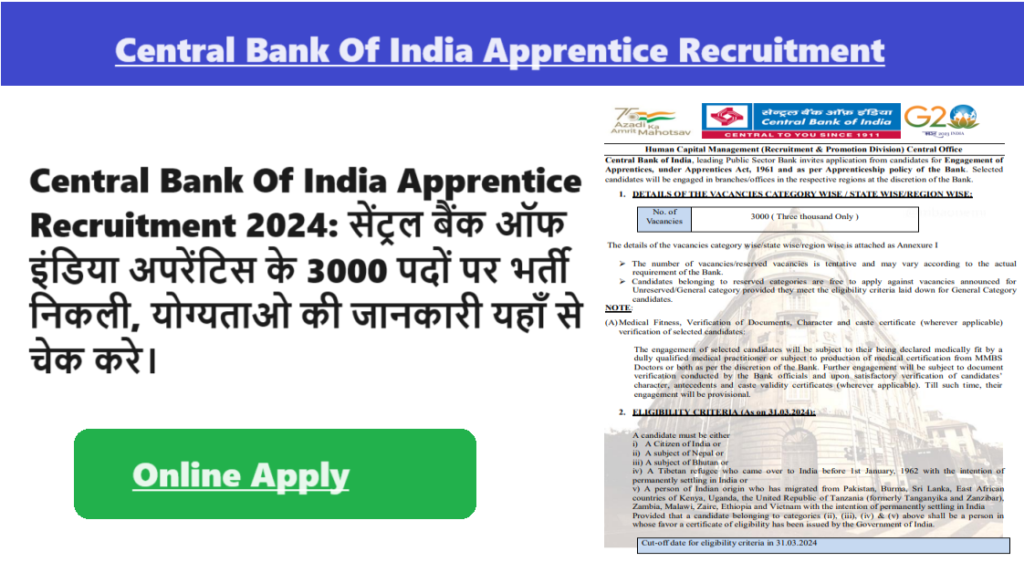 Central Bank Of India Apprentice Recruitment 2024 सटरल बक ऑफ