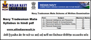 Navy Tradesman Mate Syllabus 2024 in hindi pdf नेवी ट्रैड्समैन मेट के पदो पर आई नई भर्ती का सिलेबस पीडीऍफ़ डाउनलोड करे।